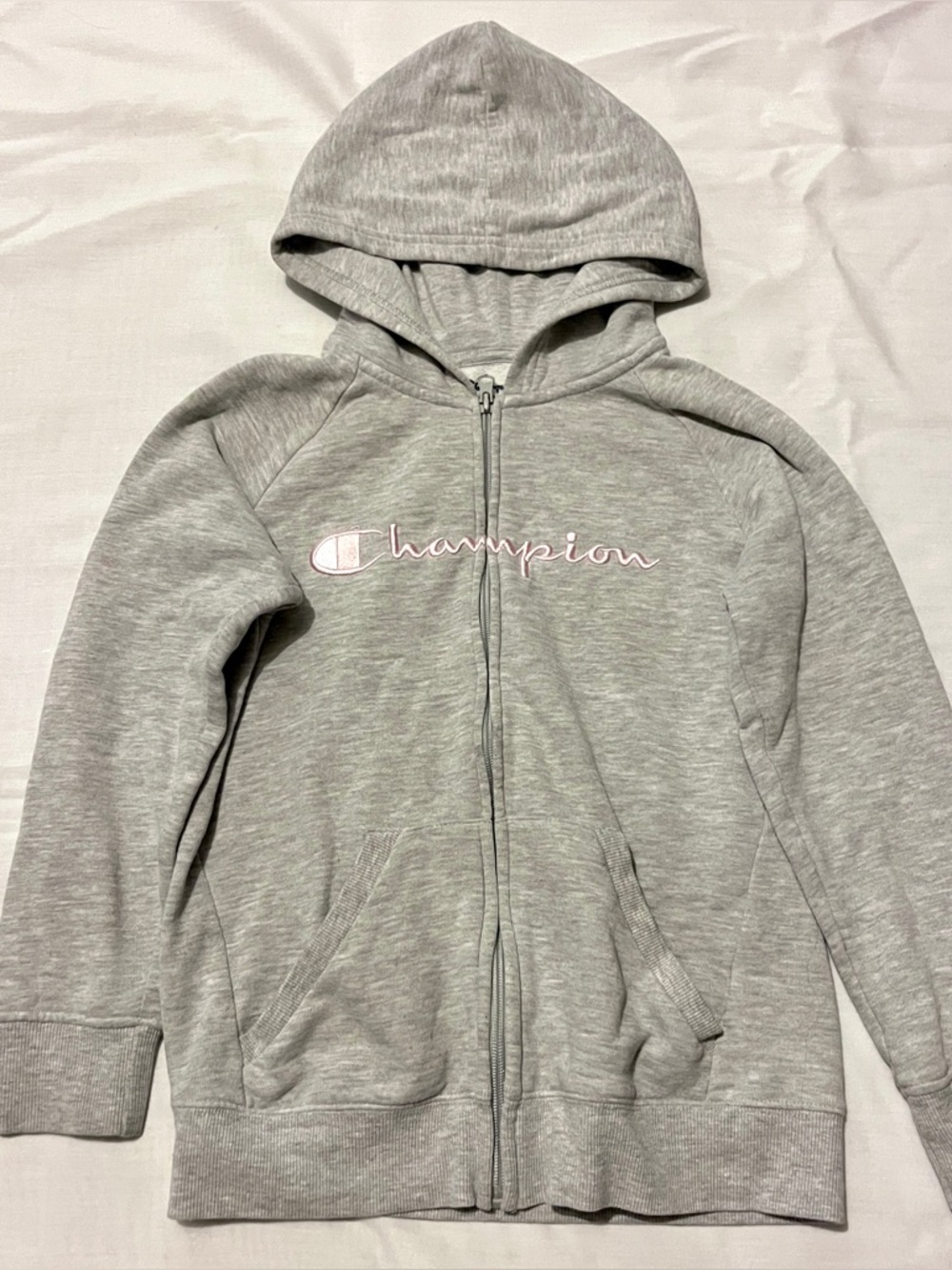 Champion Girls Heather Gray Zip Up Hoodie Pink Logo - Size M